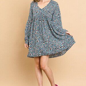 Umgee Teal Mix Long Sleeve Babydoll Dress, Size Large